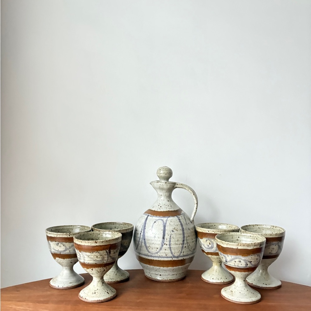 Elegant Canadian Studio Pottery Pitcher & Goblet Set in Cream Blue & Brown Gift